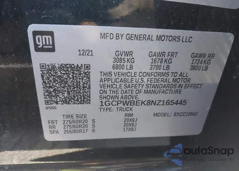 2022 Chevrolet Silverado 1500 Ltd 2Wd Short Bed Custom z USA, uszkodzony, nr VIN 1GCPWBEK8NZ165445